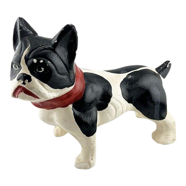 Antique Hand-Painted Boston Terrier Ceramic Dog Statue With Red Collar For Sale