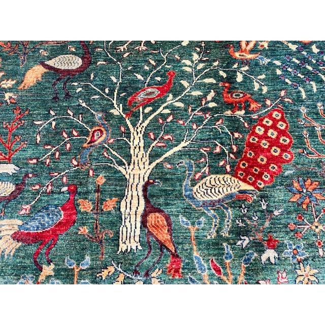 2000 - 2009 Green Afghan Pictorial Peacock & Bird Garden Hand-Knotted Wool Rug - 9'11" X 6'6" For Sale - Image 5 of 12