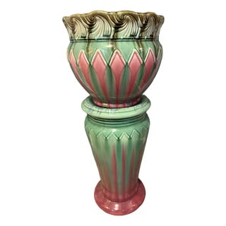 Monumental Antique Weller Pottery Blended Majolica Jardiniere & Pedestal Set For Sale