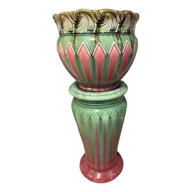 Monumental Antique Weller Pottery Blended Majolica Jardiniere & Pedestal Set For Sale
