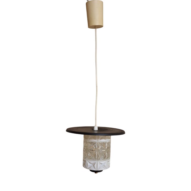 Vintage Ceiling Lamp with a Patterned Relief Glass Shade on a Metal Lantern, 1970s For Sale