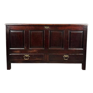 18th Century Oak Coffer with Panelled Front and Brass Handles For Sale