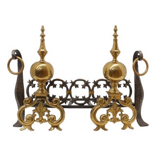 20th Century French Brass Firedogs and Wrought Iron Fireplace Grate, 1950s For Sale