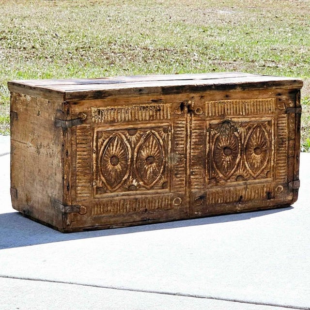 Ornate Hand-Carved Front | Authentic Metal Hardware | Rich Weathered Patina This is a remarkable Rustic Primitive Trunk,...