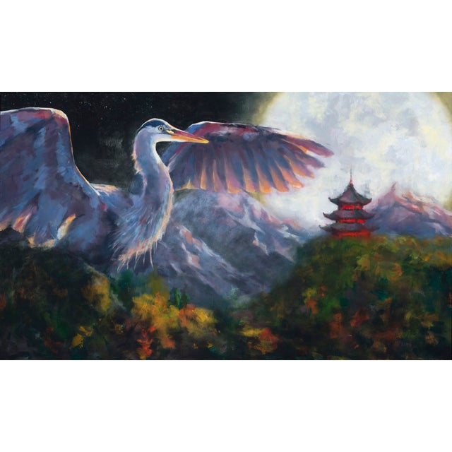 Contemporary Temple Guardian Set by John McLeod | Oil on aluminum/Alabaster steel and paint landscape with a bird For Sale - Image 3 of 3