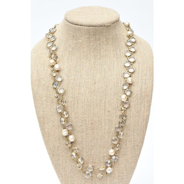 Vintage Chanel Faux Pearl and Bevel Clear Crystal Wrap Necklace