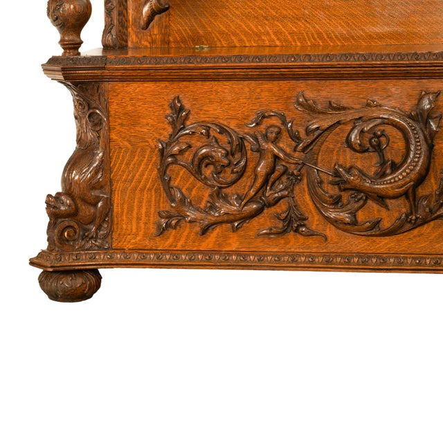 Antique R. J. Horner & Co Monumental Carved Oak Figural Griffins Hall Bench 1890 For Sale - Image 12 of 12