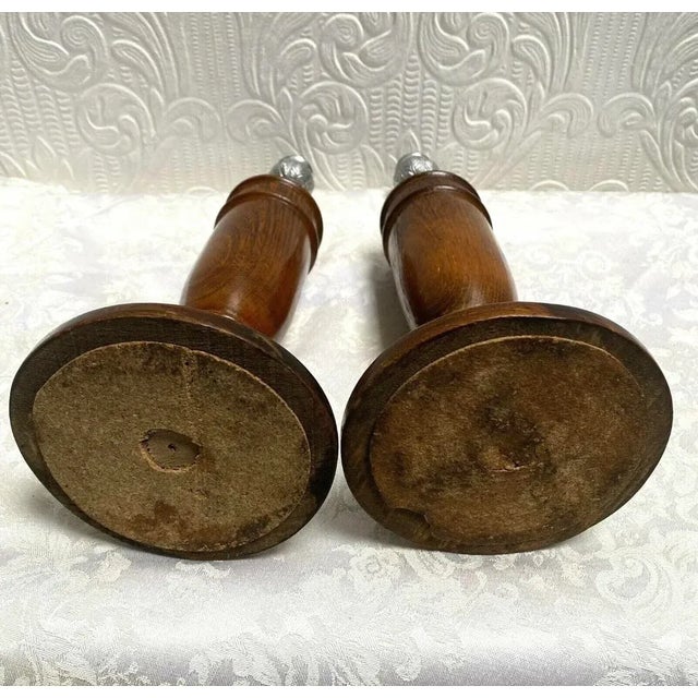 Late 19th Century Antique 1890's Oak English Candlesticks Silver Leaf Tops- a Pair For Sale - Image 5 of 11