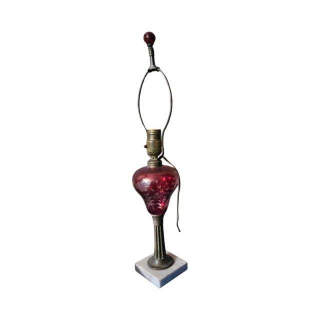Metal Early 20th Century Marble and Cranberry Glass Table Lamp For Sale - Image 7 of 12