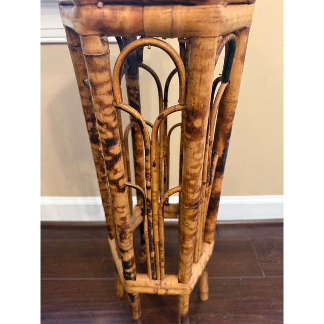 Tan Vintage Hexagonal Tortoise Shell Bamboo Plant Stand Pedestal For Sale - Image 8 of 9