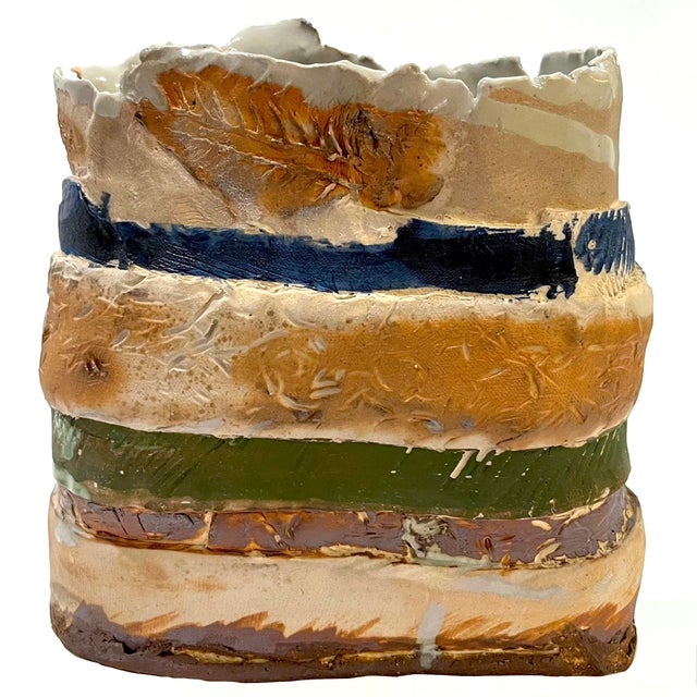 Ceramic 1970's Brutalist Art Pottery Striped Slab Oval Vase For Sale - Image 7 of 9
