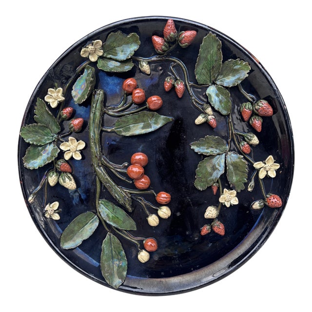 19th Century French Majolica Pottery Cherries & Strawberries Platter For Sale