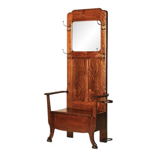 Antique Stickley School Arts & Crafts Oak Hall Seat With Mirror & Hook C1920 For Sale