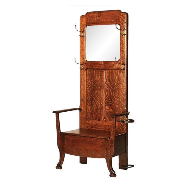 Antique Stickley School Arts & Crafts Oak Hall Seat With Mirror & Hook C1920 For Sale