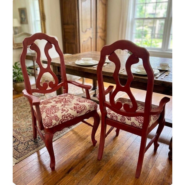 Vintage Red Chinoiserie-Style Armchairs With Floral Upholstery For Sale - Image 4 of 11
