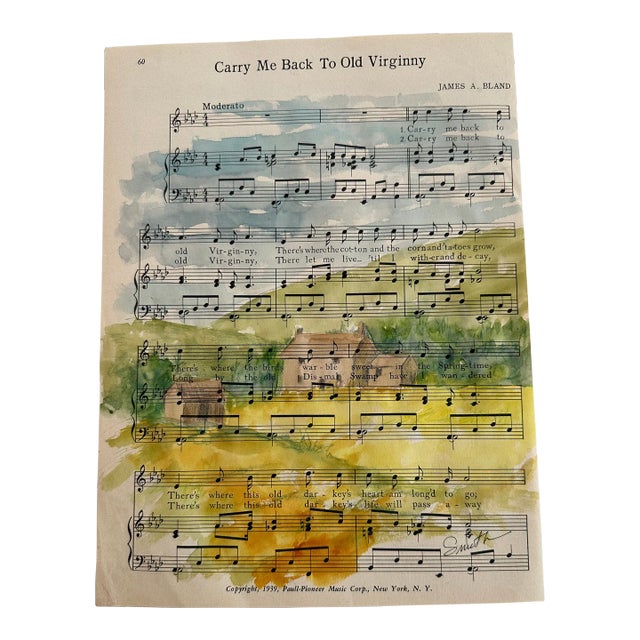 Nancy Smith Original Watercolor Landscape on Antique Sheet Music “Carry Me Back to Old Virginny” For Sale