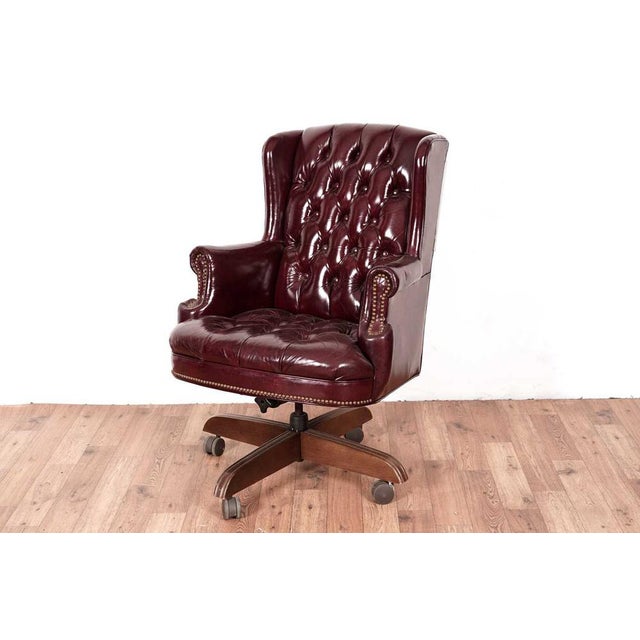 20th Century Button Back Chesterfield Revolving Desk Chair with Polished Burgundy Red Leather Upholstery with Tilt Action, 1970s For Sale - Image 6 of 7