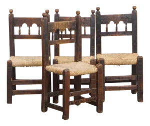 Antique Spanish Farmhouse Carved Wood Chairs with Woven Wicker Seats, Set of 4