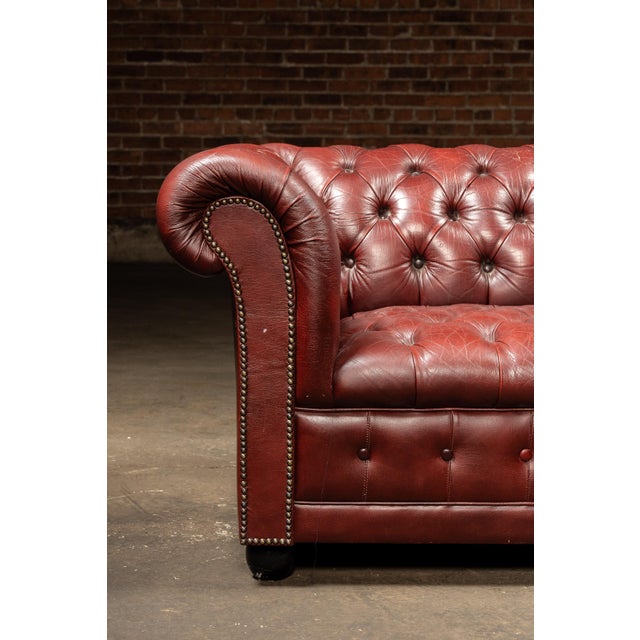 Mid 20th Century Vintage Leather Tufted Chesterfield Sofa With Nailhead Trim in Burgundy For Sale - Image 5 of 8