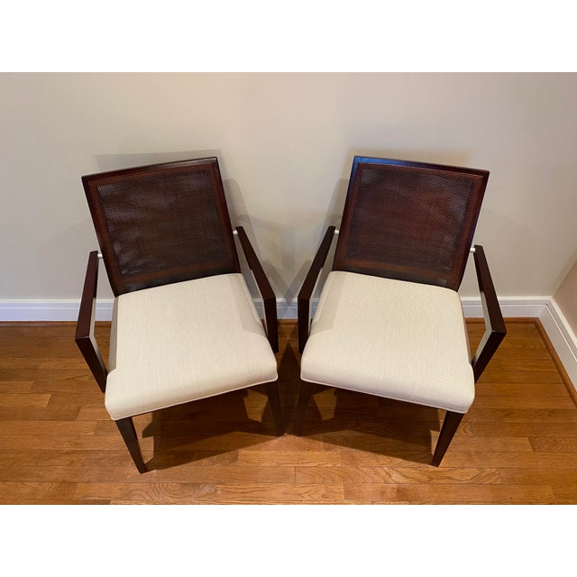 Modern Indx Chairs Radio Weave Cane and Upholstered Arm Chairs - a Pair For Sale - Image 3 of 13