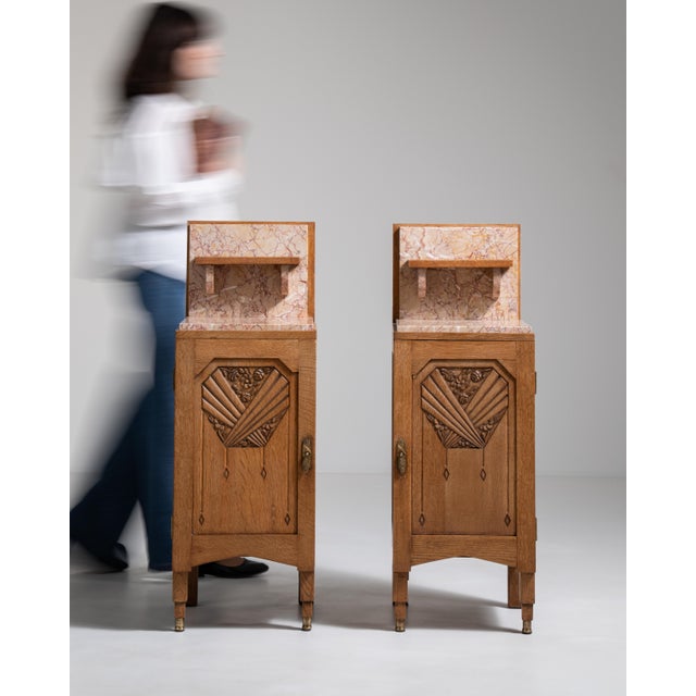 1910s Pair Of Art Noveau Side Tables With Marble Tops And Carved Panels For Sale - Image 13 of 17