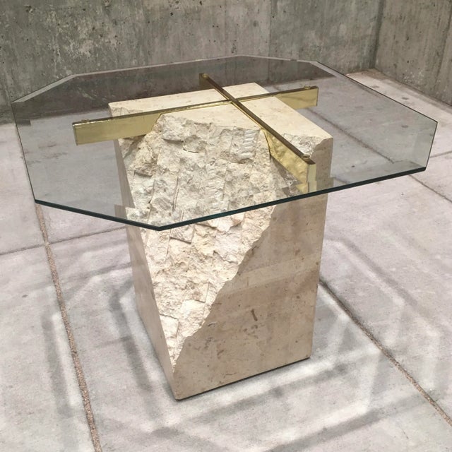 Postmodern Brass & Glass Top Pedestal End Table in Tessellated Stone Style of Maitland Smith For Sale - Image 13 of 13
