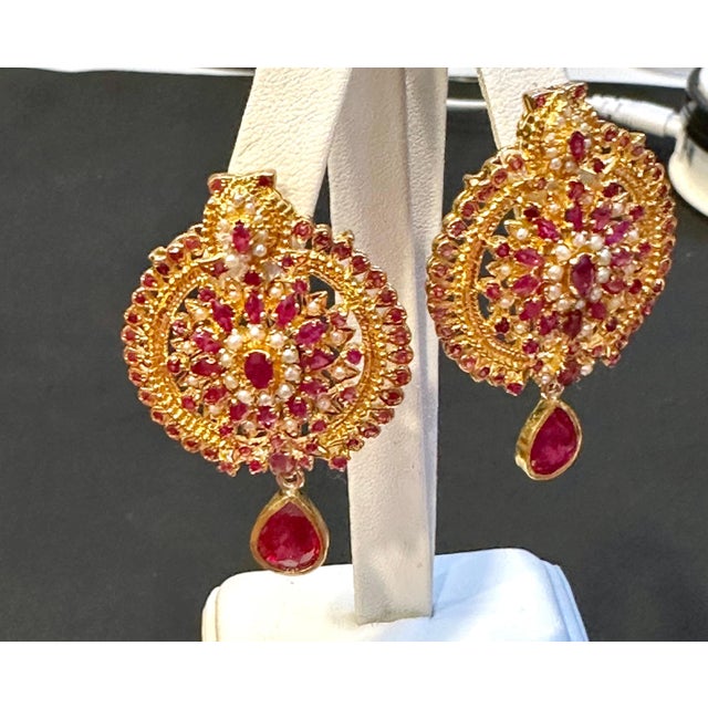 22 Karat Gold Ruby & Natural Pearl Yellow Gold Circle Stud Earring, Hanging Ruby For Sale - Image 9 of 18