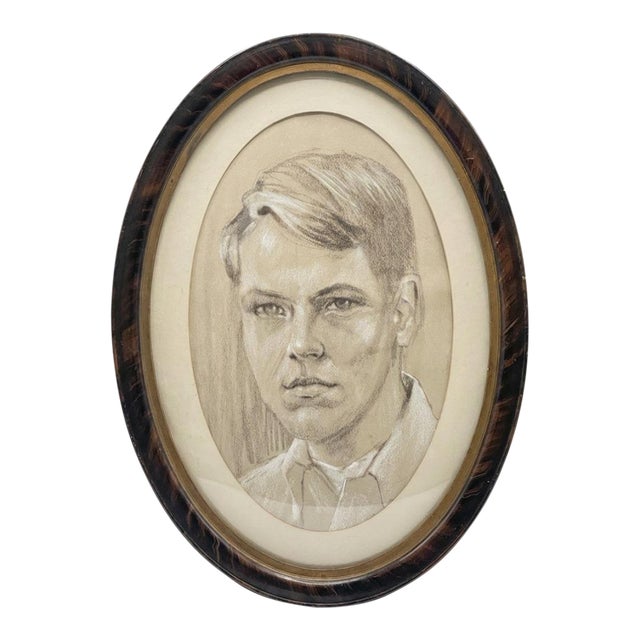 Vintage 1940s "The American Dreamer" Charcoal Portrait by Turtle and Crane – Ralph Lauren Style For Sale