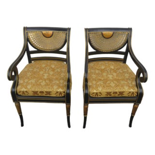 Hollywood Regency Painted Black and Gold Caned Side Chairs a Pair 6098a For Sale