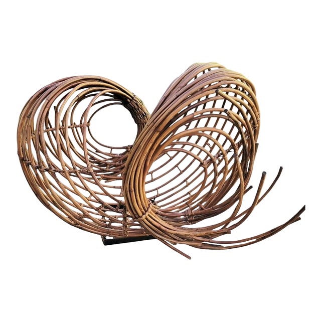 Vintage Large Organic Vortex Mid Century Modern Japanese Bent Rattan Sculptural Table Room Decor Art For Sale