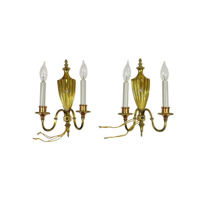 Hollywood Regency Vintage Pair of Brass & Copper Neoclassical Double-Arm Wall Sconces With Pleated Silk Shades For Sale - Image 3 of 18