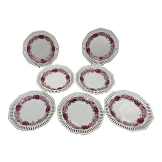 1930 Schumann-Bavaria Rose Decorated Reticulated Dessert Plates- Set of 7 For Sale