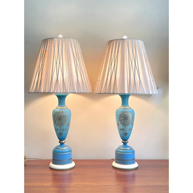 Vintage French Opaline Blue & Gold Gilt Glass Table Lamps - a Pair For Sale - Image 9 of 13