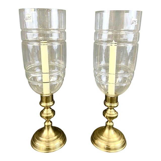 Ralph Lauren Glen Plaid Large Pair Crystal Hurricane Candlestick Lamps For Sale