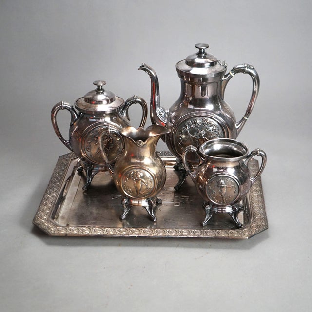 Antique Five Piece Figural Reed & Barton Figural Silver Plated Tea Set C1890 For Sale - Image 10 of 12