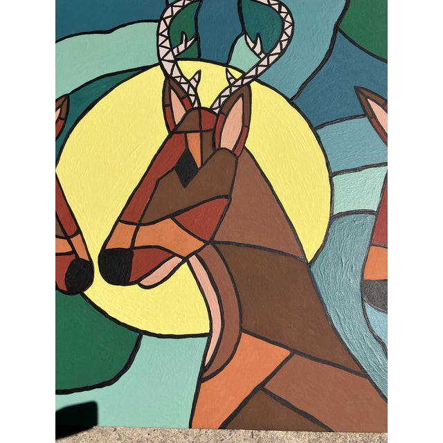 Contemporary Contemporary Original Outsider Artist B.D.Floyd Folk Art Deer Painting “Deer in the Moonlight 2” For Sale - Image 3 of 4