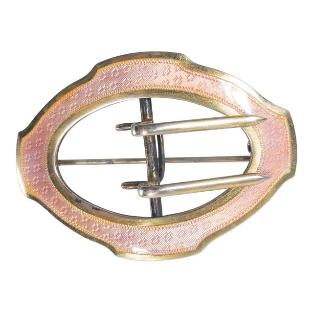 Early 20th Century Pink Guilloche Enamel and Gilt Sterling Silver Belt Buckle Pin For Sale