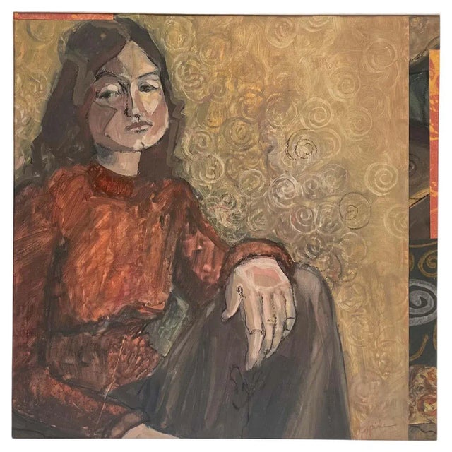Judith Minna Pike December 19, 1942- October 18, 2019 Mixed media painting of a young thoughful woman, sitting...