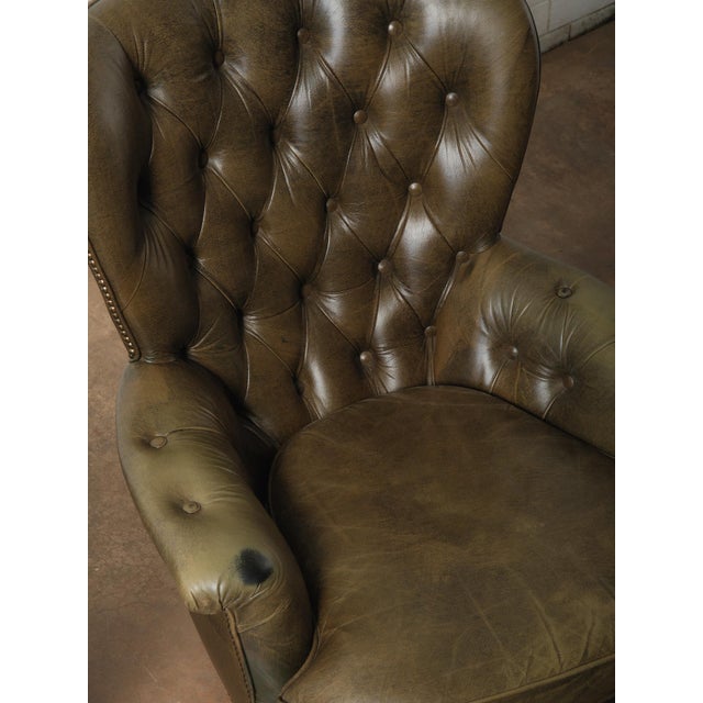 English Pair of Vintage Tufted Leather Club Chairs With Brass Casters and Turned Legs For Sale - Image 3 of 6