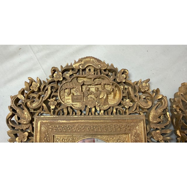 Gold Pair of Antique Ornate Hand Carved Chinese Gilt Wooden Wood Wall Mirrors Frames For Sale - Image 8 of 15