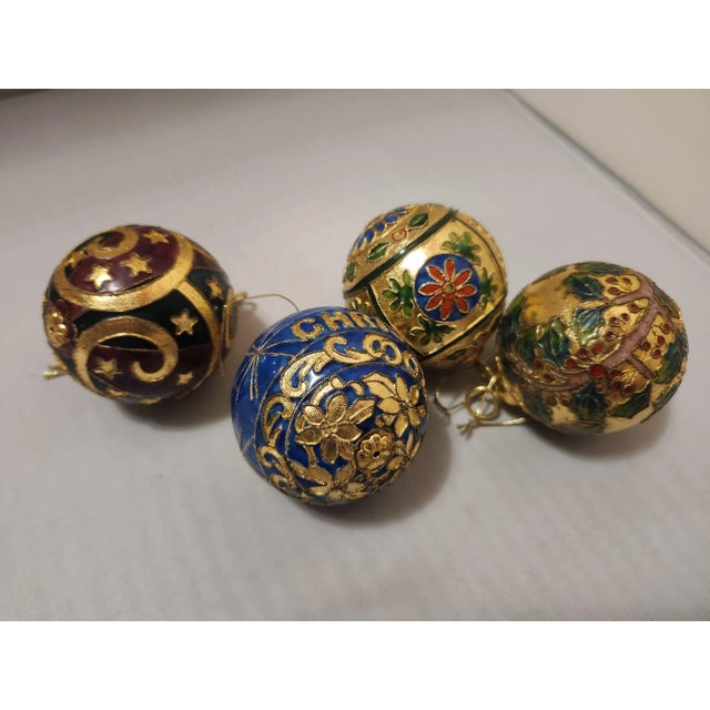 Vintage Champleve Cloisonne Christmas Ornaments Set of 4 Height: 3.5" Diameter: 2.75"