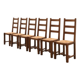 Rustic Oak Ladder-Back Chairs with Rush Seats, France, 1950s, Set of 6 For Sale