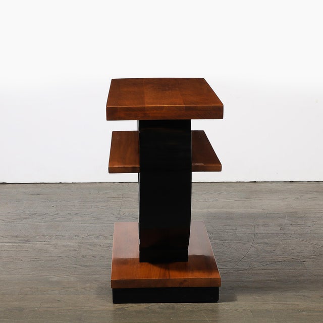 Pair of Art Deco Machine Age Two-Tier Side Tables in Walnut & Black Lacquer For Sale - Image 11 of 18