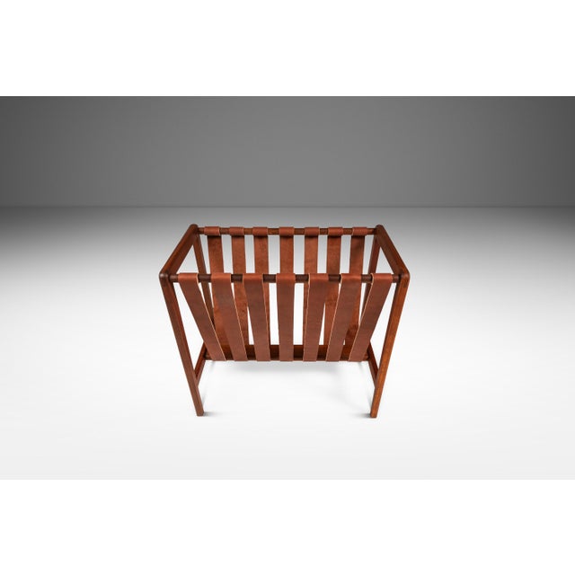 1960s Danish Mid-Century Modern Brutalist Magazine Rack in Solid Teak With Leather Straps, Denmark, Circa 1960s For Sale - Image 5 of 15