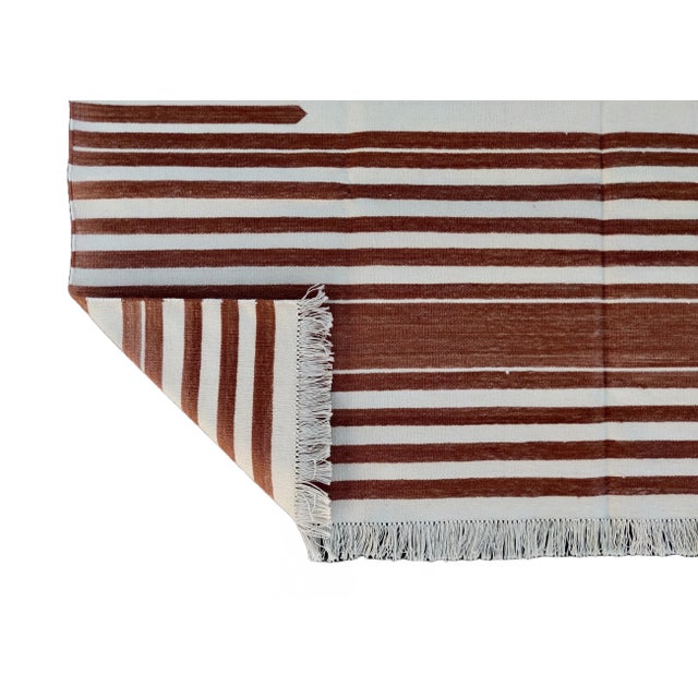 Casa Cosima Handmade Cotton Natural Vegetable Dyed Flat Weave Reversible Tan and White Striped Rug - 6'x9' For Sale - Image 4 of 11