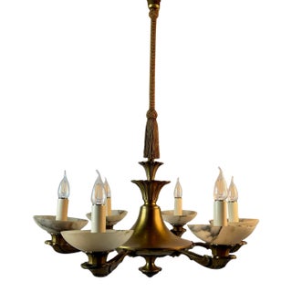 1920's Art Deco Alabaster and Bronze 6 Arm Chandelier For Sale