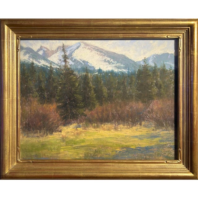 This pastel artwork depicts a serene meadow nestled within the Rockies, showcasing a vibrant interplay of green grasses...