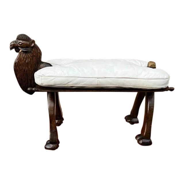 Mid 20th Century Vintage Fruitwood Carved Camel Shadow Leather Sea on Casters For Sale