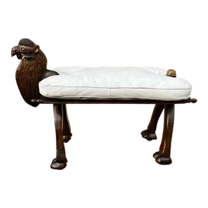 Mid 20th Century Vintage Fruitwood Carved Camel Shadow Leather Sea on Casters