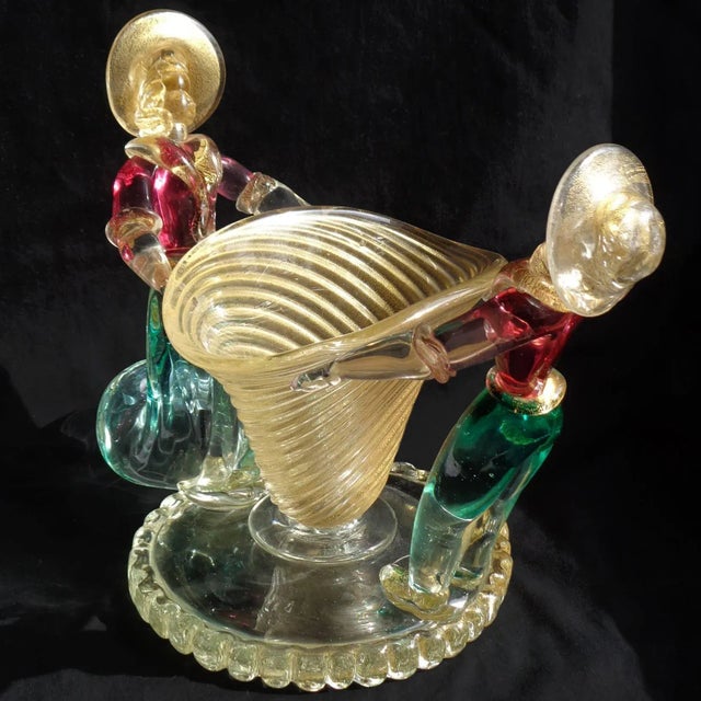 Mid 20th Century Vintage Murano Sommerso Gold Leaf Italian Art Glass Female Male Figures Mid-Century Centerpiece Vase For Sale - Image 5 of 7